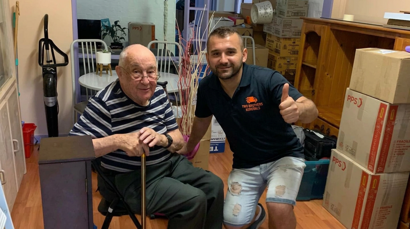 Two Brothers removalist giving a thumbs up alongside an elderly customer in his new home