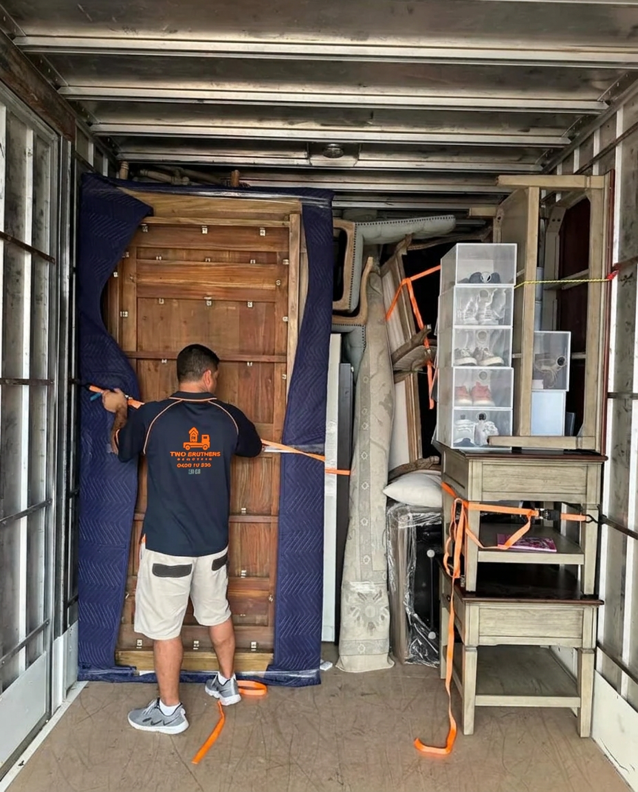 Removalist strapping and securing a solid timber tabletop and furniture inside the truck