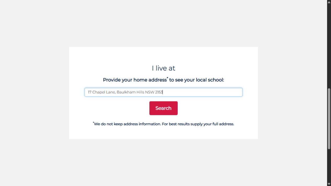 Official NSW School Finder address-search interface using Crestwood High School’s public street address as an example
