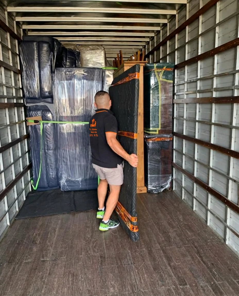 Office cartons and furniture stacked and strapped inside our truck